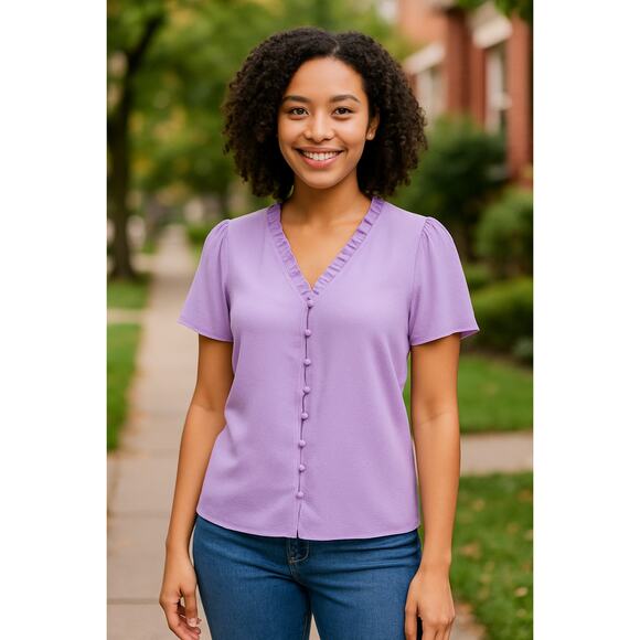 CeCe Ruffle V Neck Button Front Blouse Short Sleeve Purple Top - Medium - Picture 1 of 11